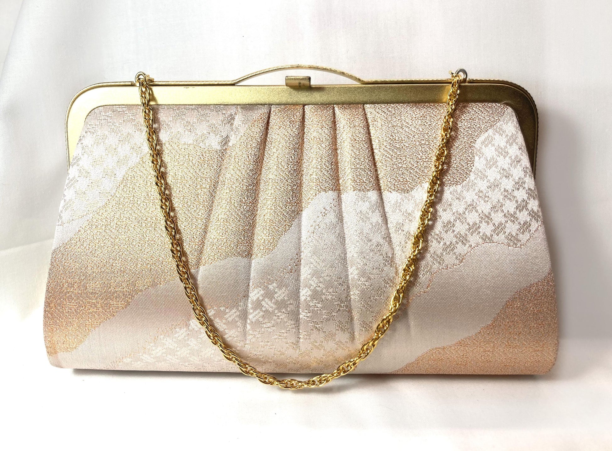 Vintage kimono handbag - two-way pearl and golden with delicate abstract pattern