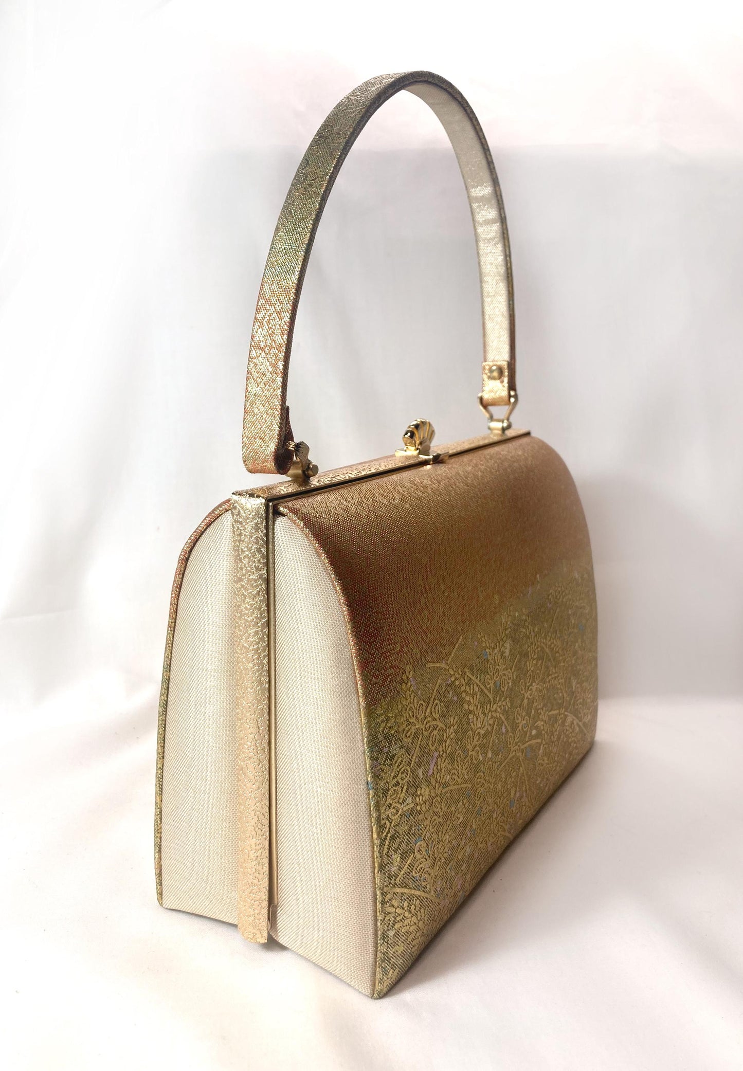 Vintage kimono handbag - metallic golden green and orange with delicate floral motif