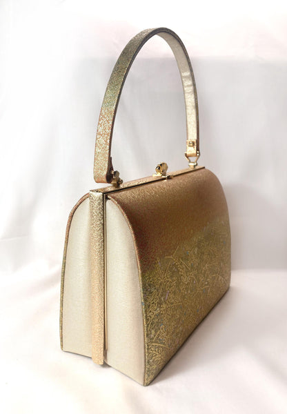 Vintage kimono handbag - metallic golden green and orange with delicate floral motif