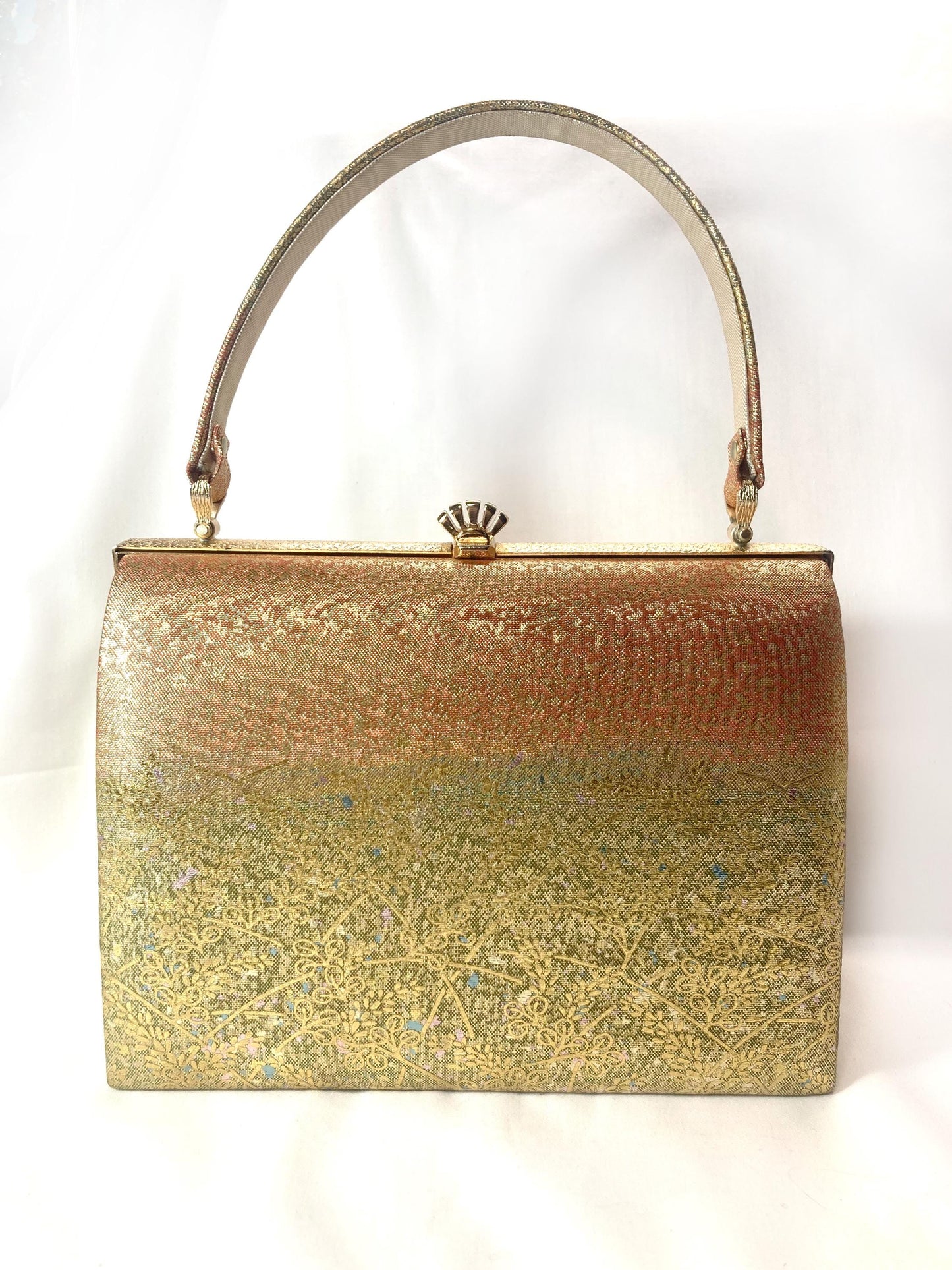 Vintage kimono handbag - metallic golden green and orange with delicate floral motif