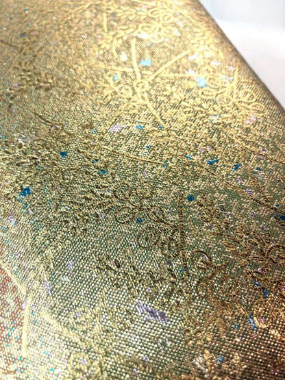 Vintage kimono handbag - metallic golden green and orange with delicate floral motif