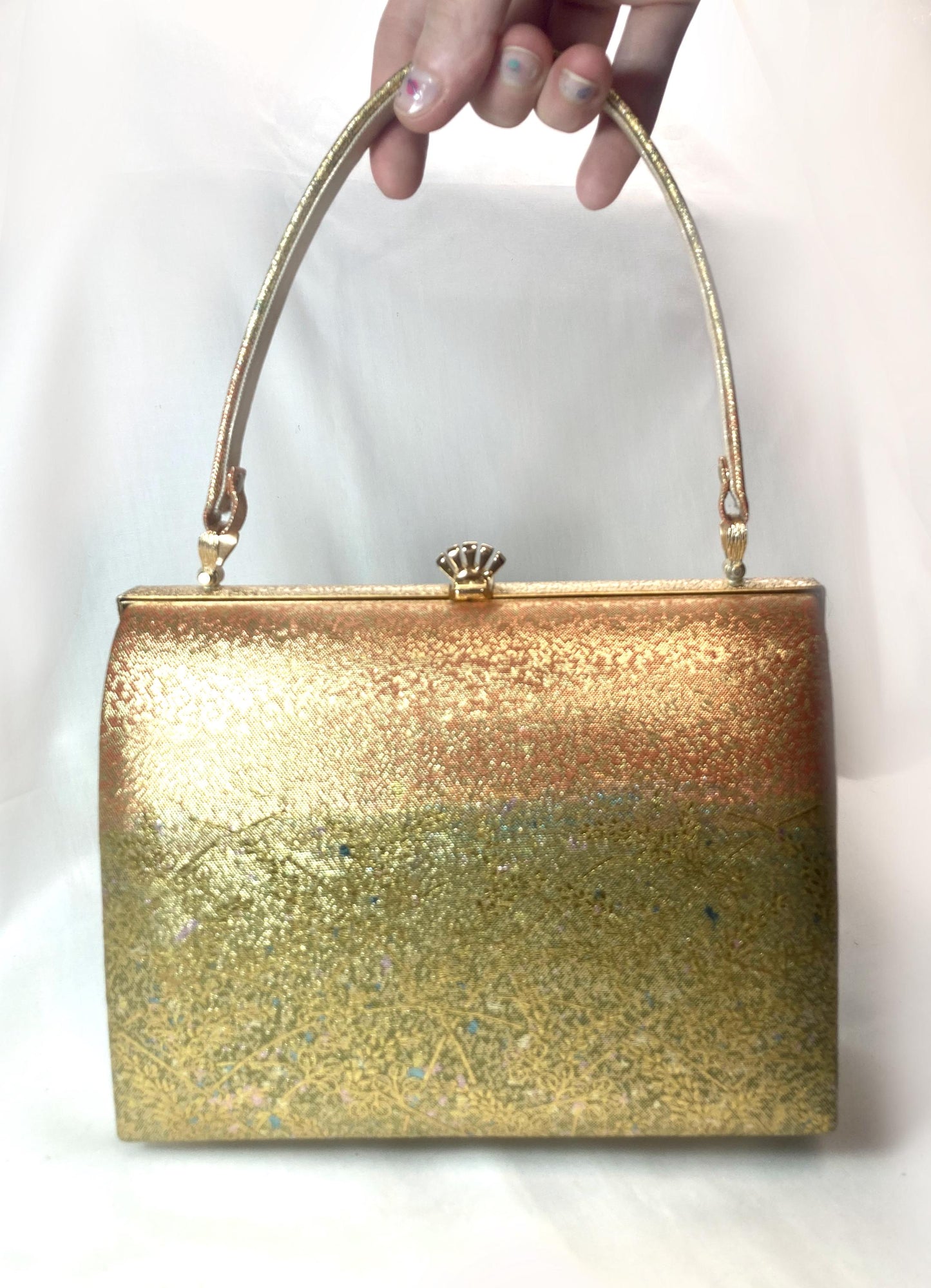 Vintage kimono handbag - metallic golden green and orange with delicate floral motif