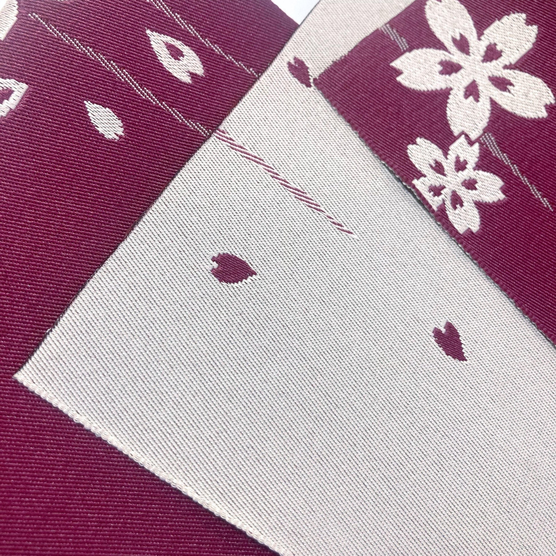 Reversible Japanese hanhaba obi - purple red and white sakura flowers