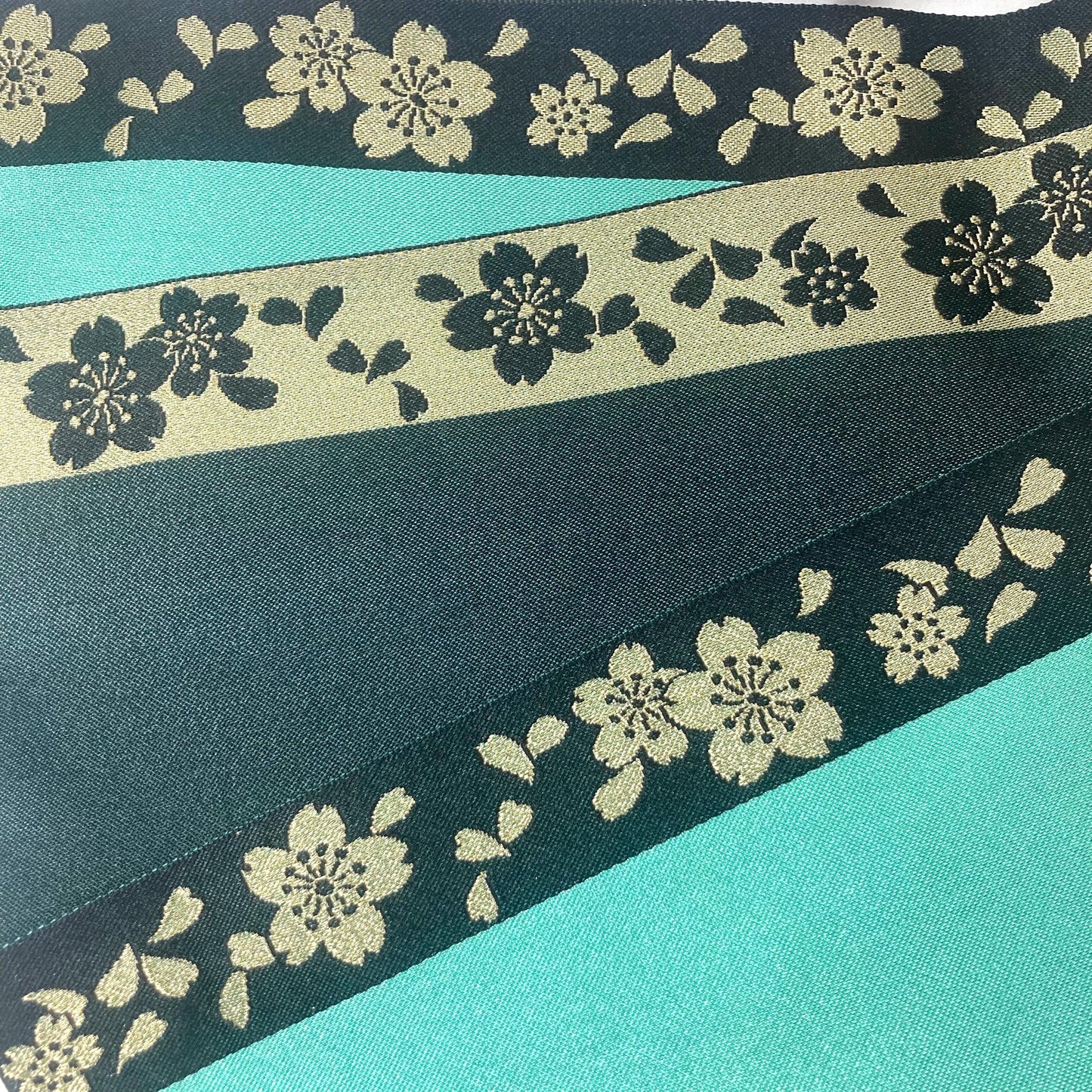 Cute Japanese hanhaba obi - emerald and black with golden sakura flowers