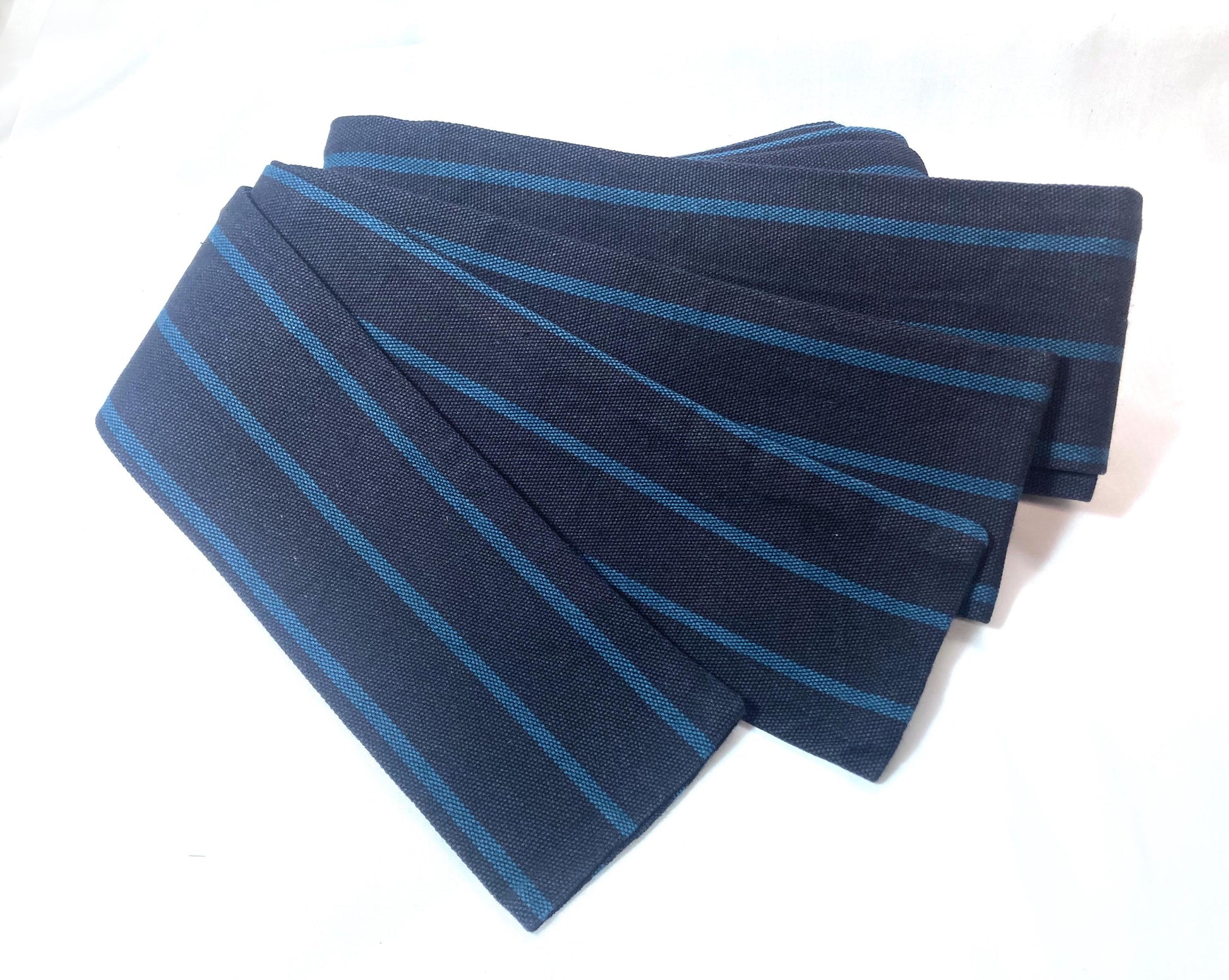 Vintage narrow kaku obi - black with turquoise stripes