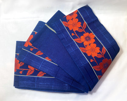 Reversible Japanese hanhaba obi - saturated blue with bright red flower stripe
