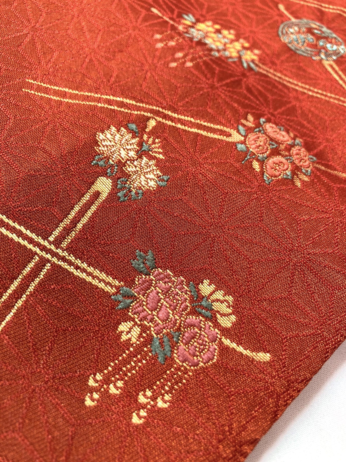 Elegant Japanese hanhaba obi - terracota orange with golden kanzashi pattern