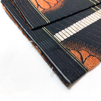 Reversible Japanese hanhaba obi - black with copper chrysanthemum flowers