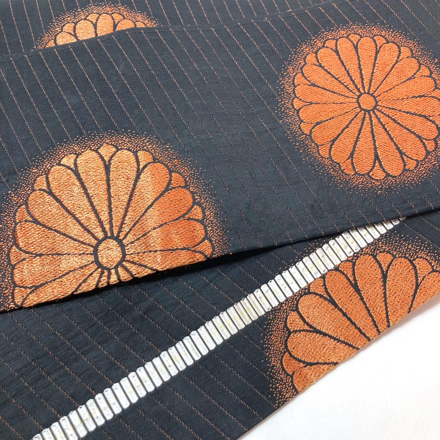 Reversible Japanese hanhaba obi - black with copper chrysanthemum flowers