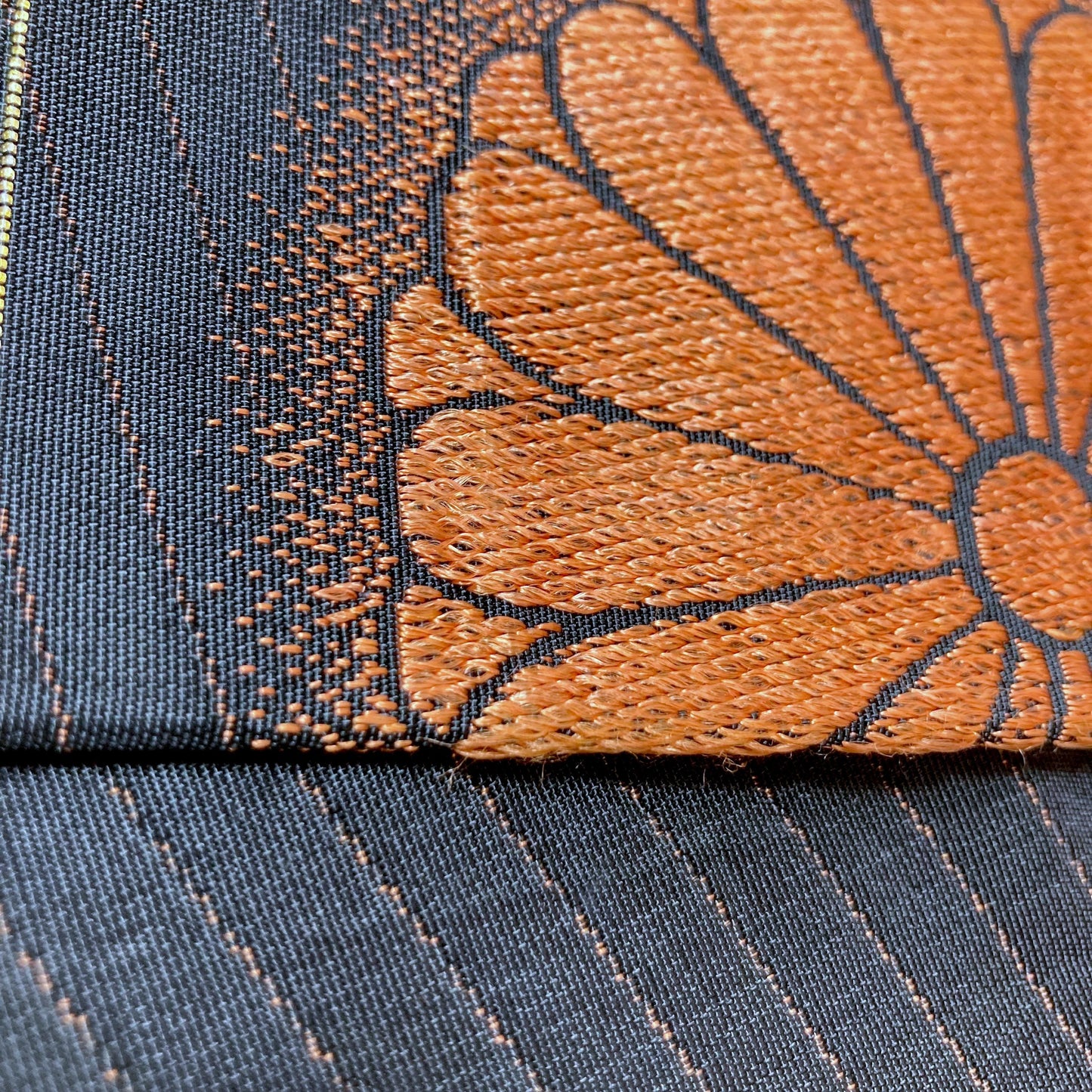 Reversible Japanese hanhaba obi - black with copper chrysanthemum flowers