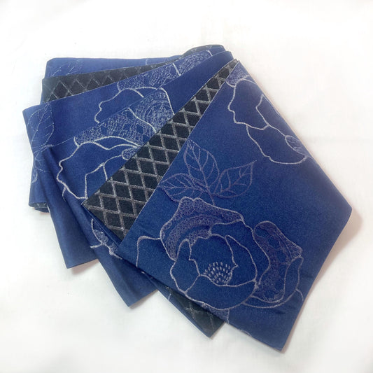 Reversible Japanese hanhaba obi - sparkly navy blue roses and black lattice