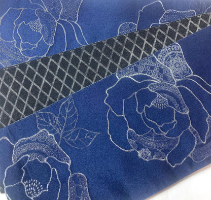 Reversible Japanese hanhaba obi - sparkly navy blue roses and black lattice