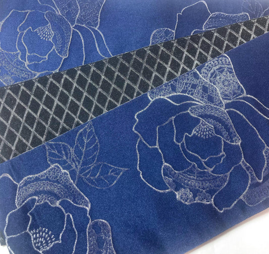 Reversible Japanese hanhaba obi - sparkly navy blue roses and black lattice