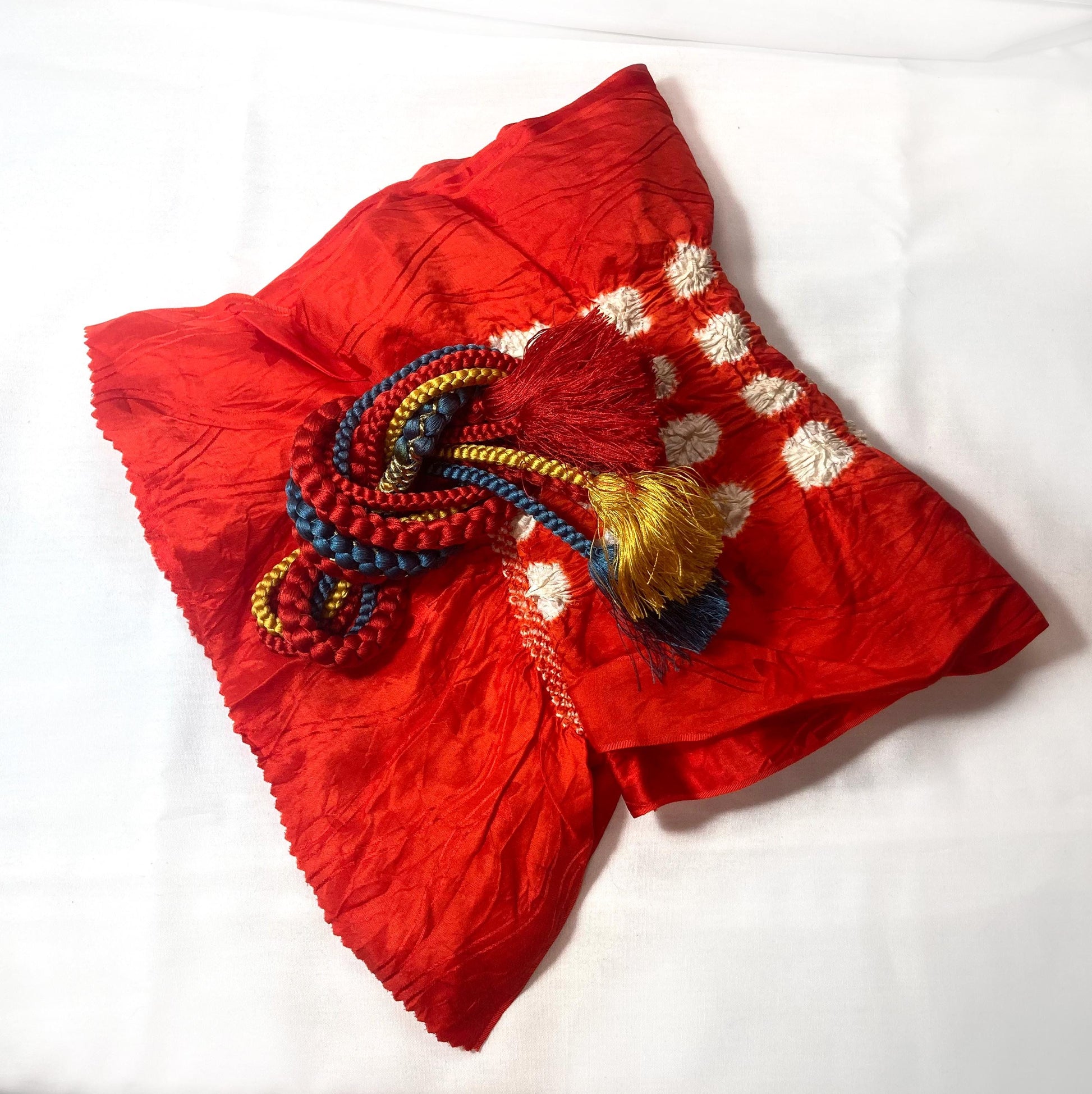 Vintage kimono accessories set - bright red obiage and vivid blue, yellow, and red obijime