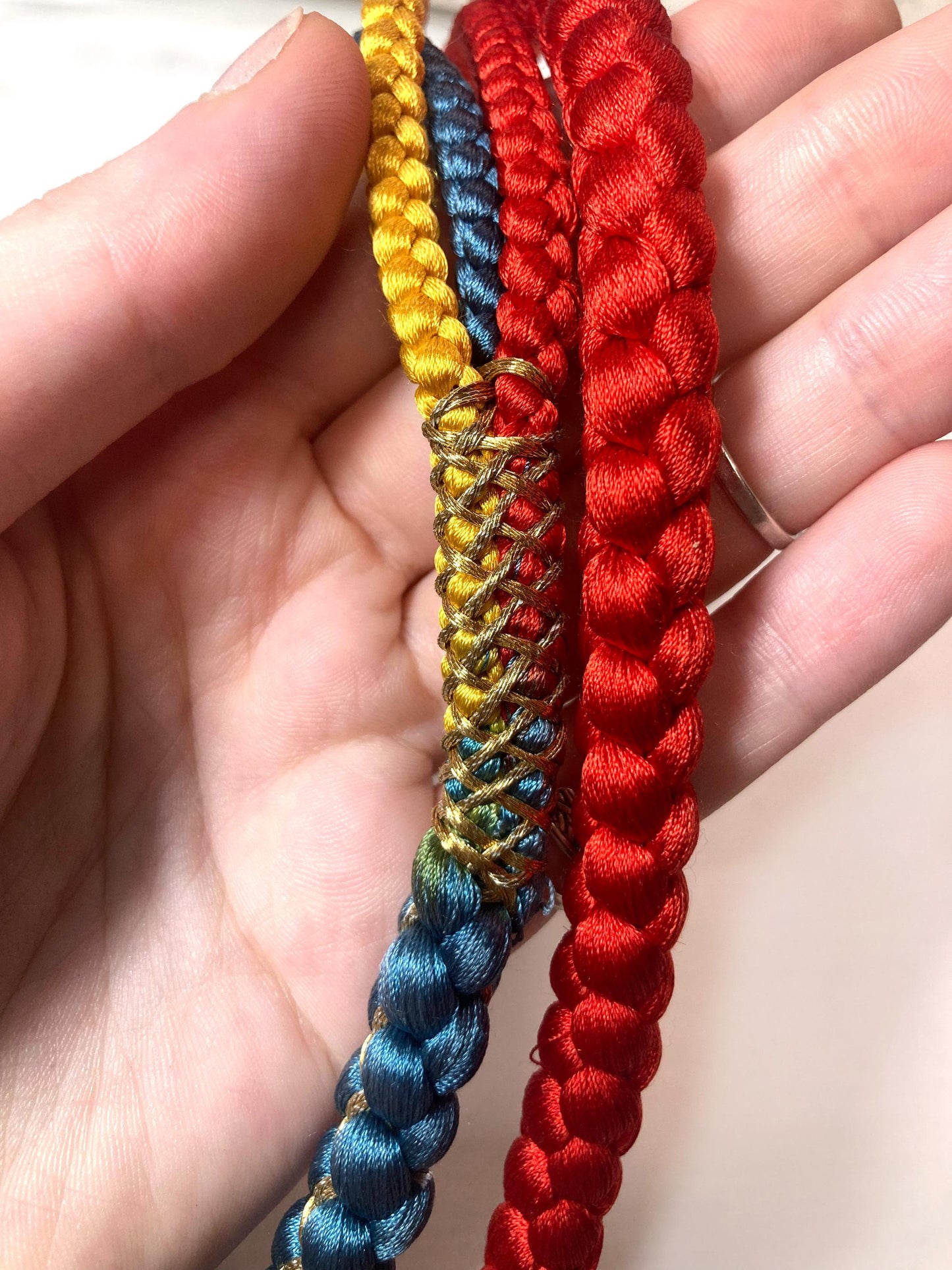 Vintage kimono accessories set - bright red obiage and vivid blue, yellow, and red obijime