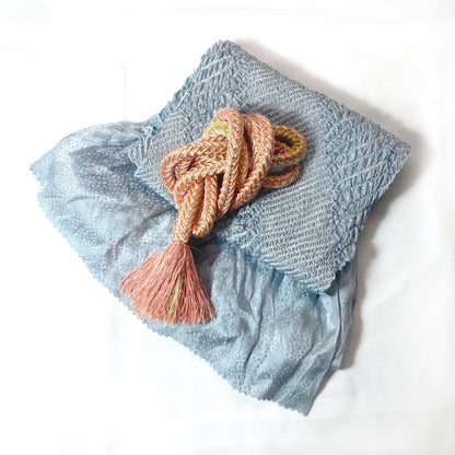 Vintage kimono accessories set - powder blue obiage and pastel-gold obijime