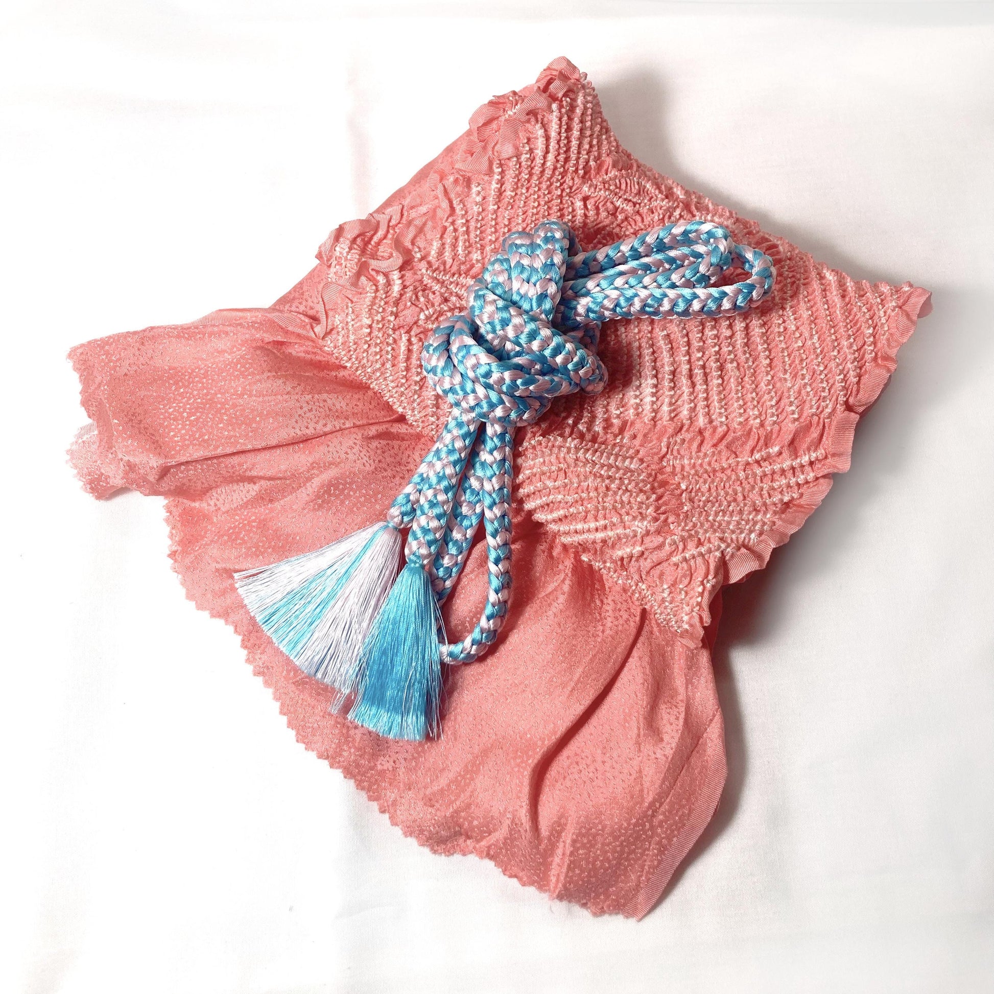 Vintage kimono accessories set - salmon pink obiage and pink-blue obijime