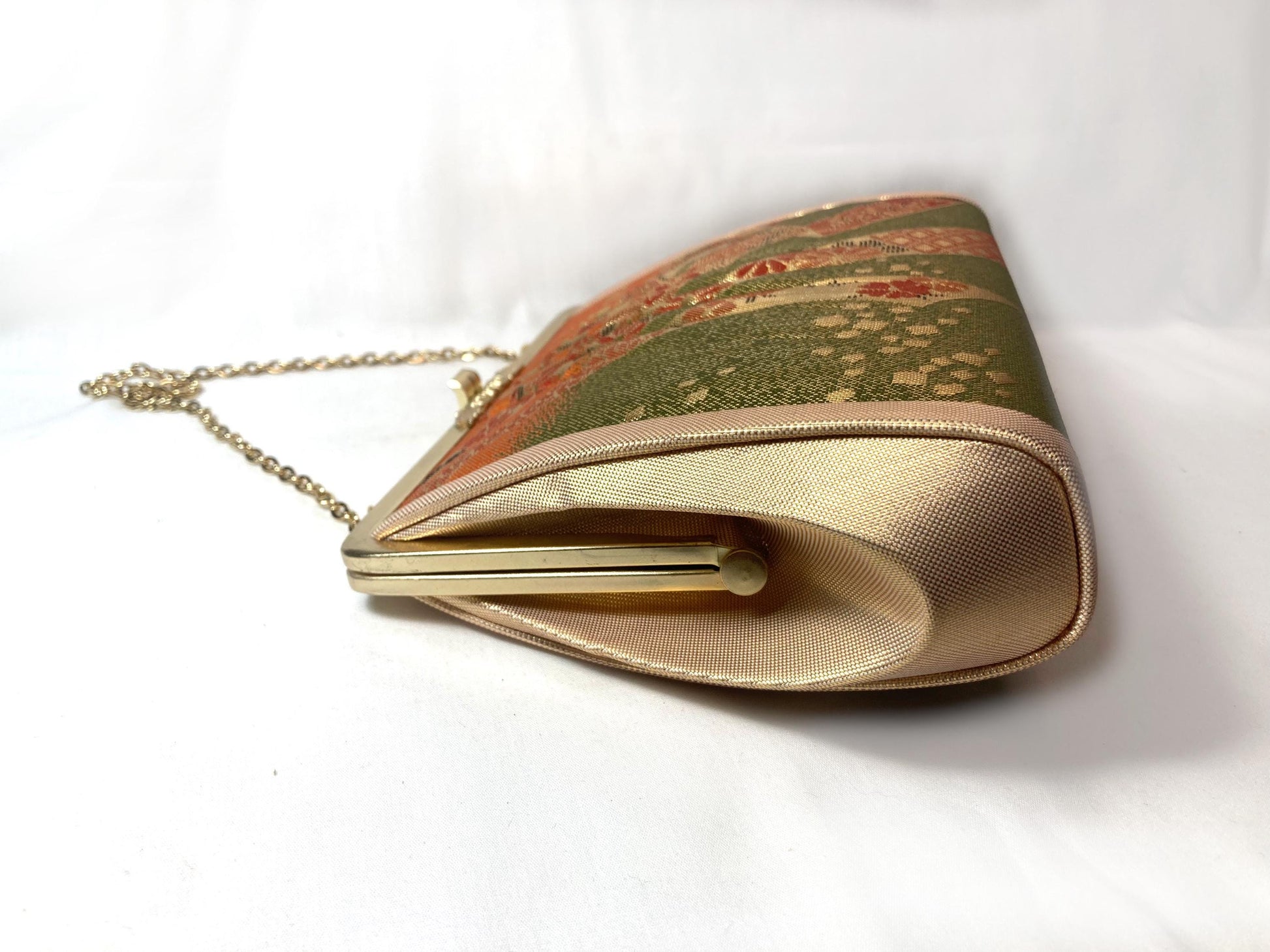 Vintage kimono handbag - two-way vibrant orange and green with metallic ribbon pattern