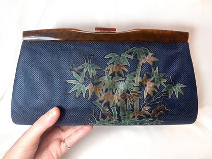 Vintage kimono handbag Ooshima tsumugi - red silk taffeta with abstract pattern