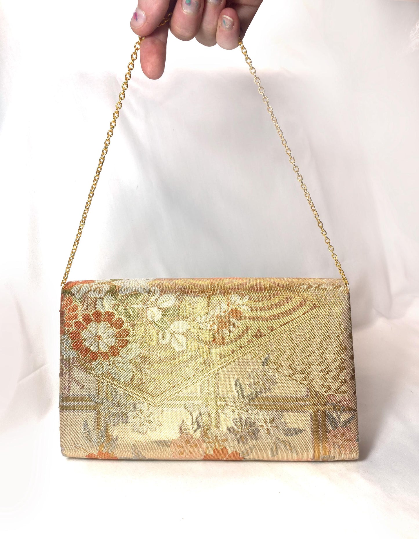 Vintage kimono two-way handbag - gold and pastel floral brocade