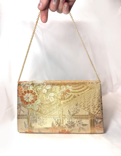 Vintage kimono two-way handbag - gold and pastel floral brocade
