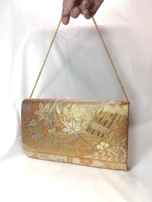 Vintage kimono two-way handbag - gold and pastel floral brocade