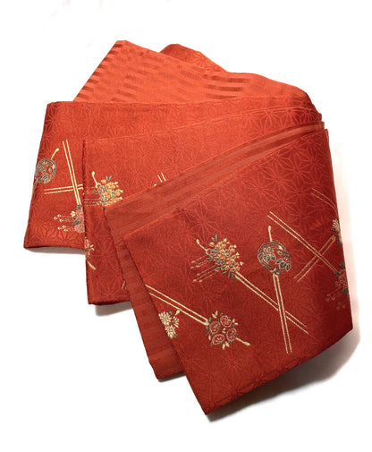 Elegant Japanese hanhaba obi - terracota orange with golden kanzashi pattern