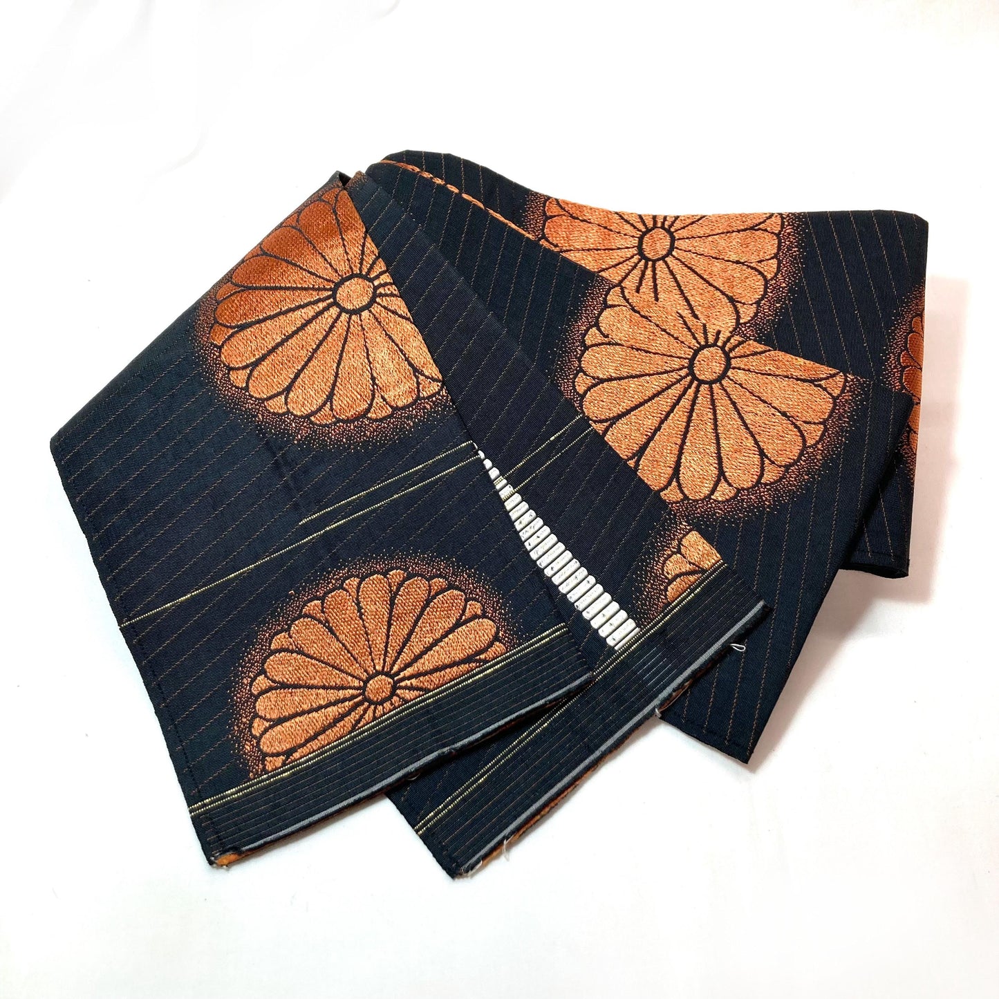 Reversible Japanese hanhaba obi - black with copper chrysanthemum flowers