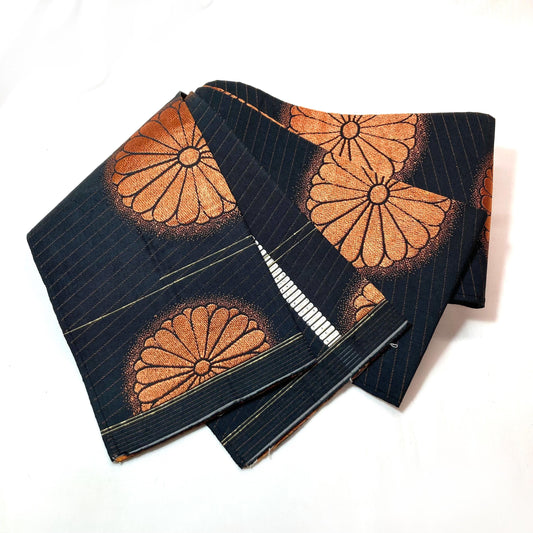Reversible Japanese hanhaba obi - black with copper chrysanthemum flowers
