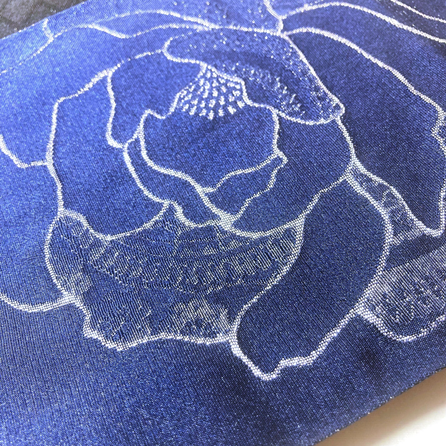 Reversible Japanese hanhaba obi - sparkly navy blue roses and black lattice