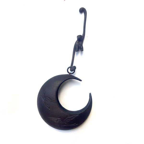 Hanging ikebana vase - monkey reaching for a moon - brown black with flying cranes