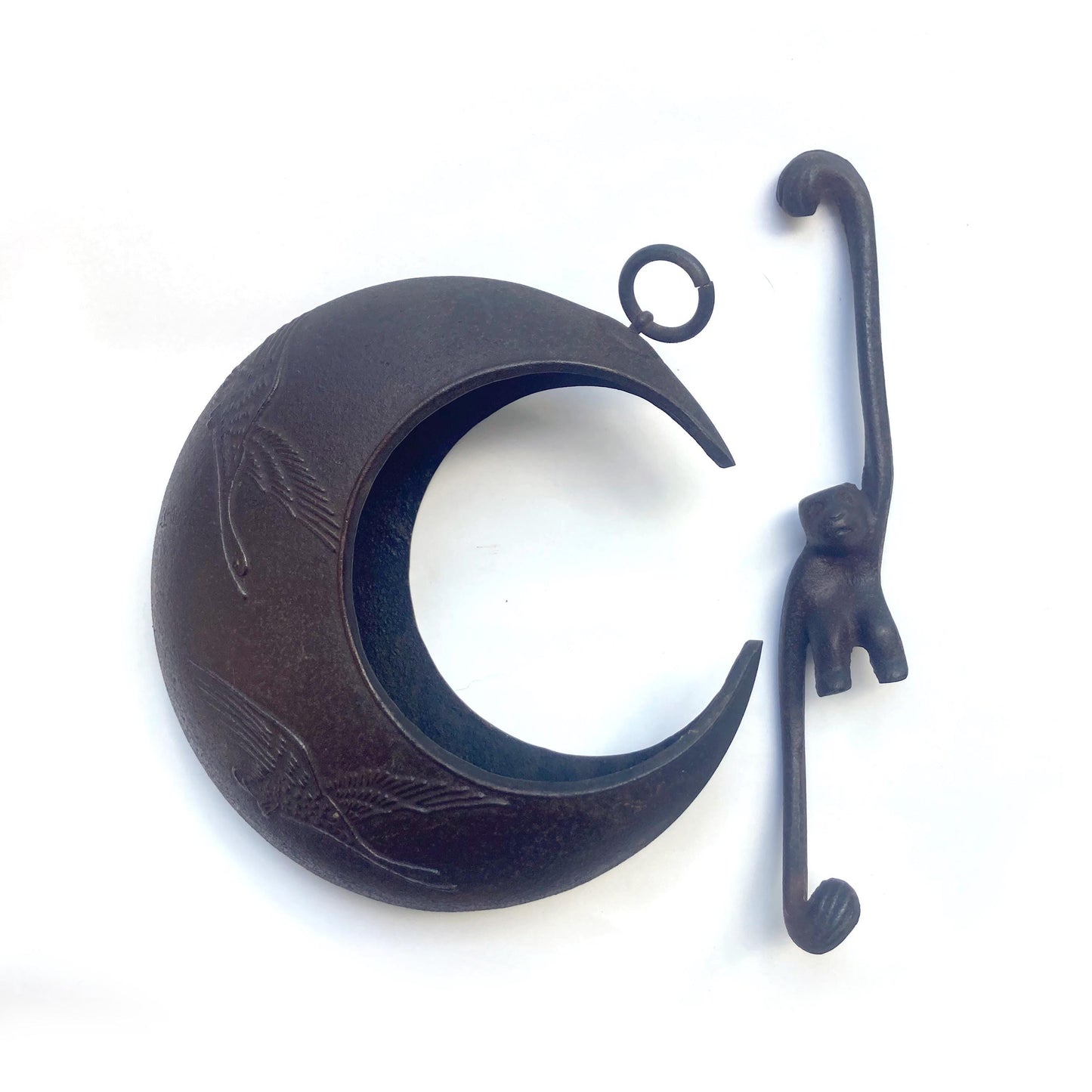 Hanging ikebana vase - monkey reaching for a moon - brown black with flying cranes