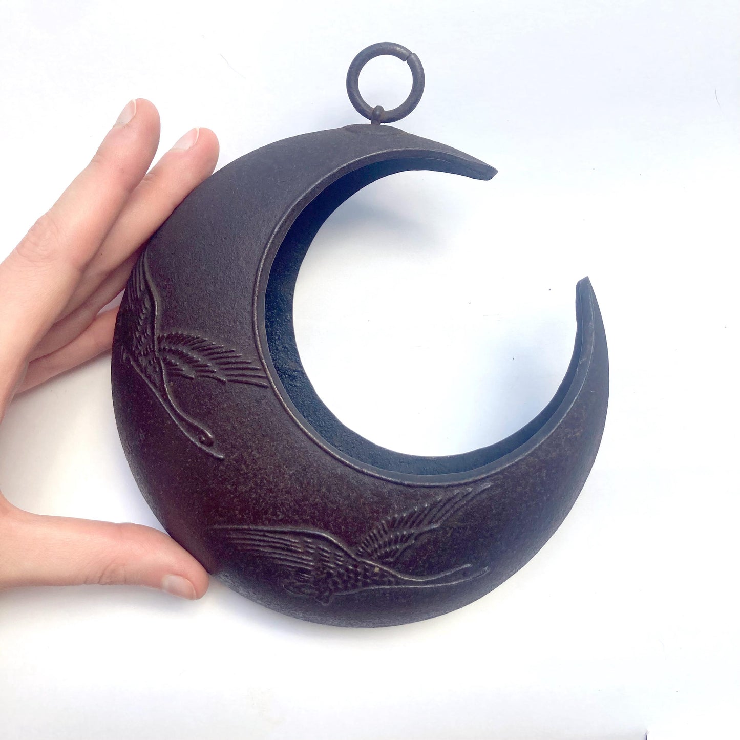 Hanging ikebana vase - monkey reaching for a moon - brown black with flying cranes