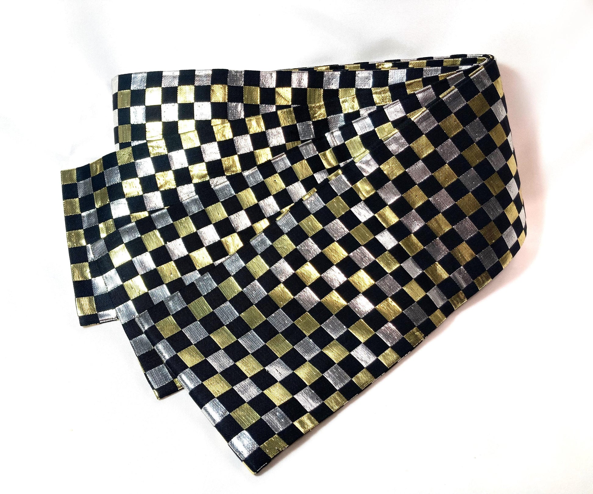Bold Japanese narrow obi - black, golden, and silver checkers - obi for dancing