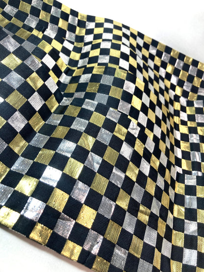 Bold Japanese narrow obi - black, golden, and silver checkers - obi for dancing