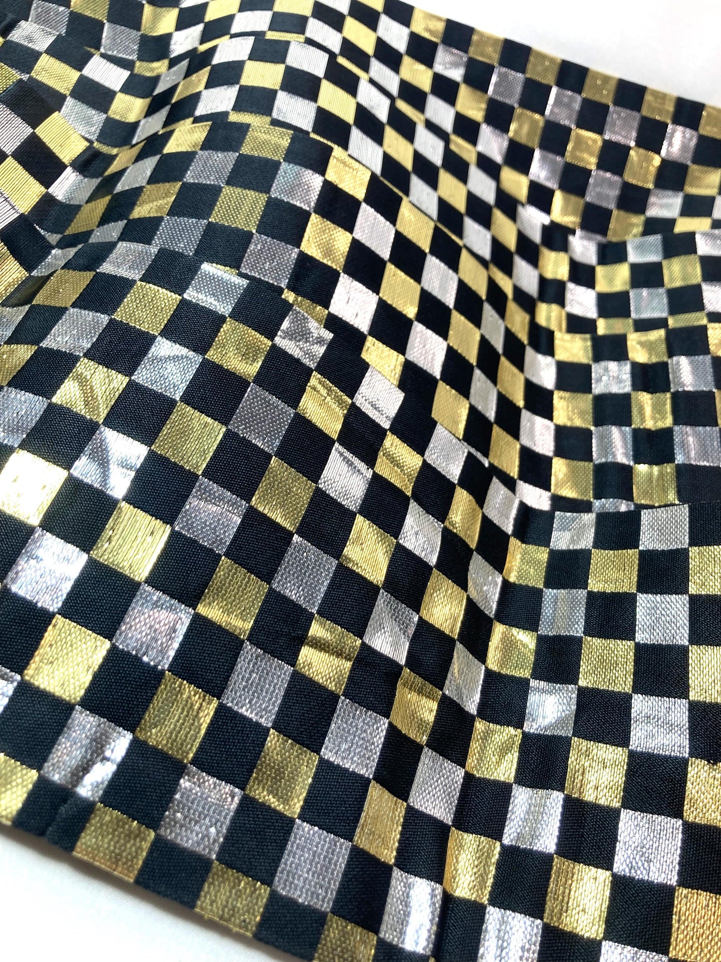 Bold Japanese narrow obi - black, golden, and silver checkers - obi for dancing