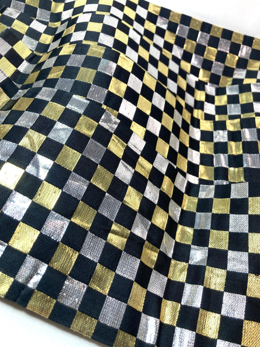 Bold Japanese narrow obi - black, golden, and silver checkers - obi for dancing