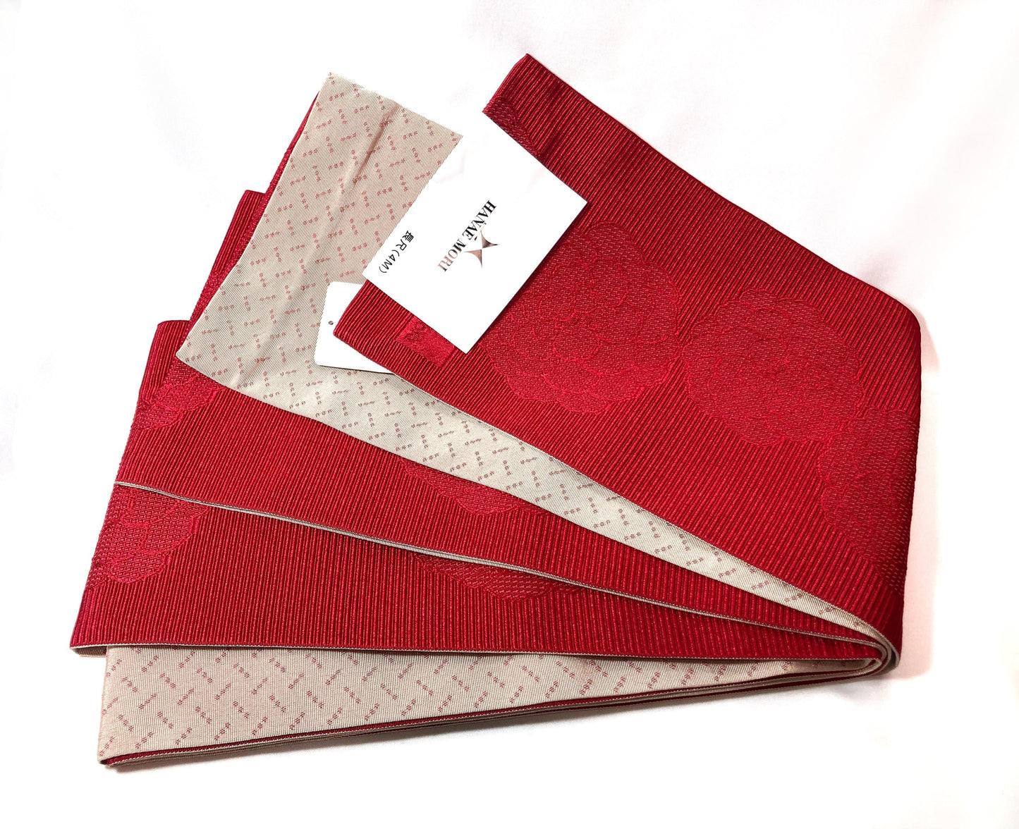 Reversible Japanese hanhaba obi - red peonies and light beige - new with tags