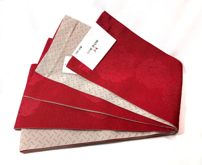 Reversible Japanese hanhaba obi - red peonies and light beige - new with tags