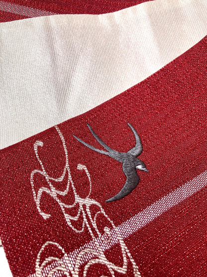 Reversible Japanese hanhaba obi - red and white with swallows