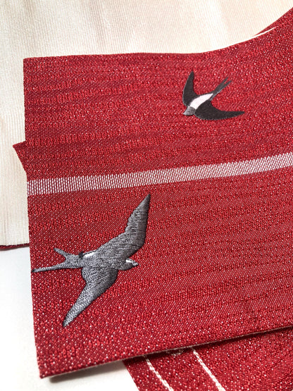 Reversible Japanese hanhaba obi - red and white with swallows