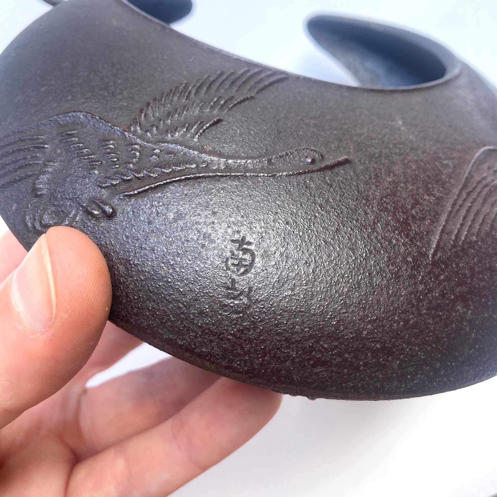 Hanging ikebana vase - monkey reaching for a moon - brown black with flying cranes