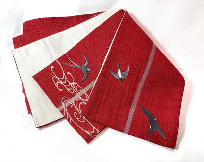 Reversible Japanese hanhaba obi - red and white with swallows