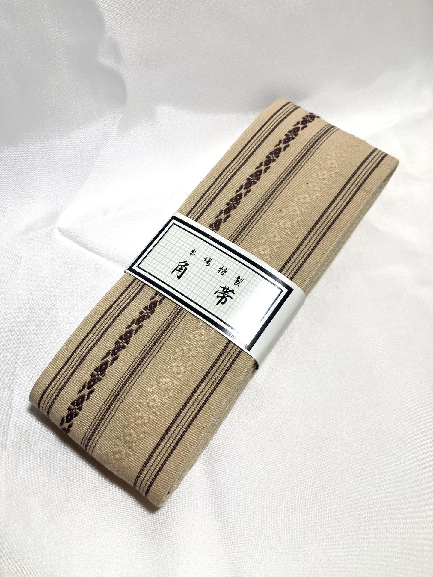Vintage narrow kaku obi - light beige hakata ori