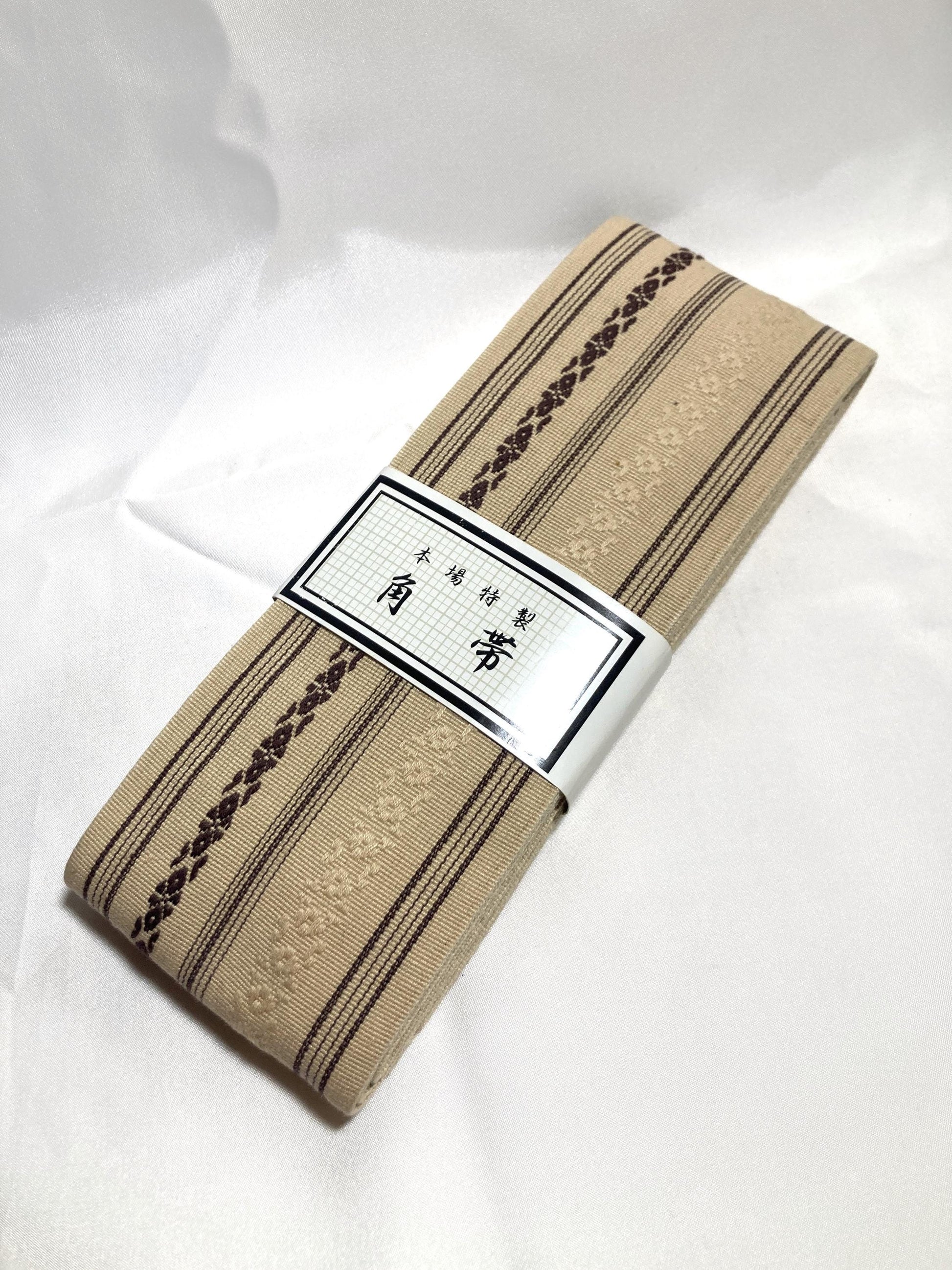 Vintage narrow kaku obi - light beige hakata ori