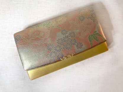 Vintage kimono handbag - golden patent leather with floral pattern and rhinestone accent