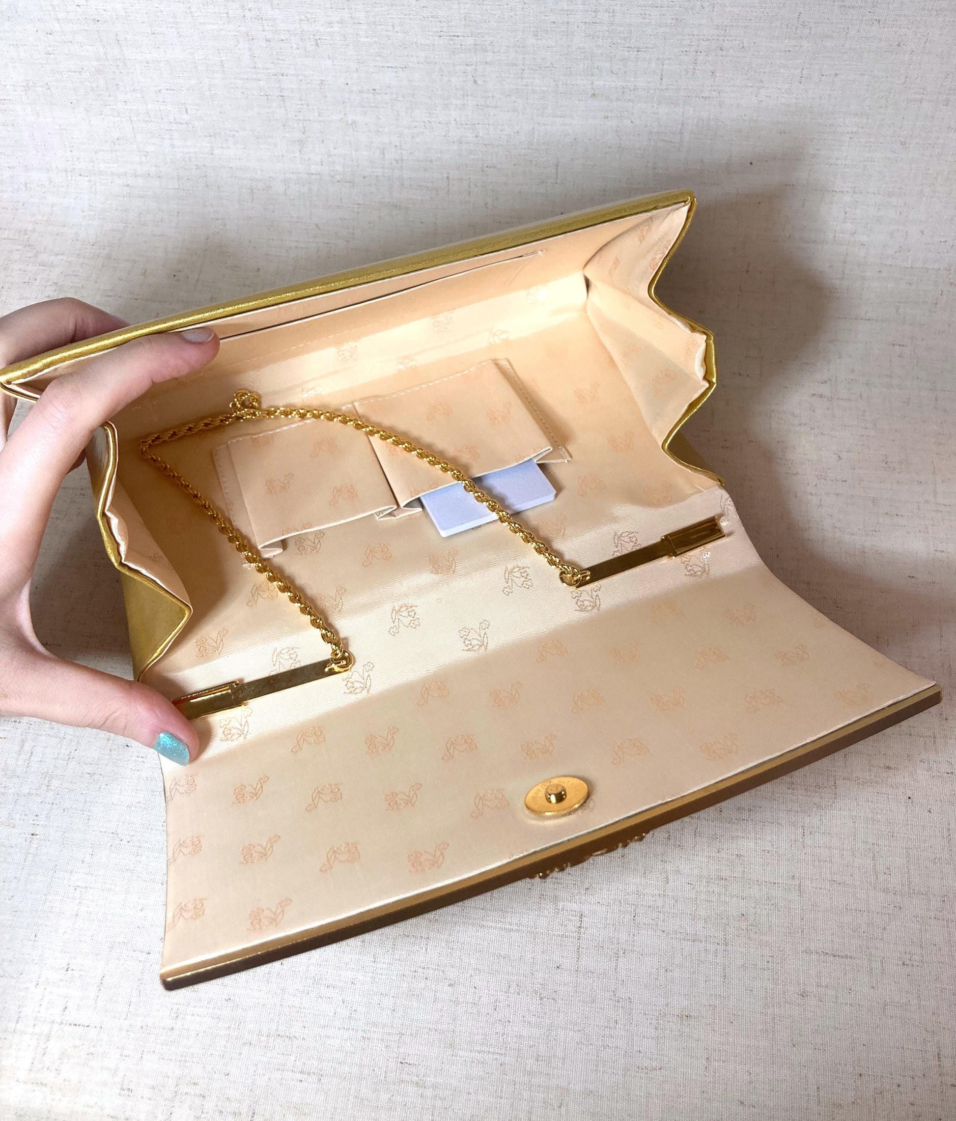 Vintage kimono handbag - golden patent leather with floral pattern and rhinestone accent