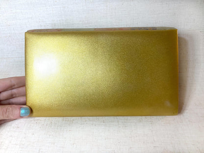 Vintage kimono handbag - golden patent leather with floral pattern and rhinestone accent