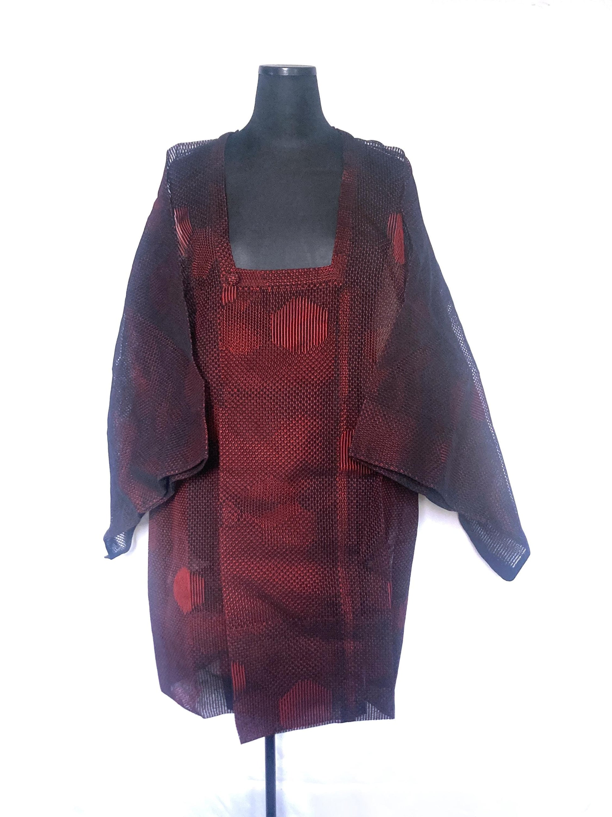 Vintage Japanese kimono coat - summer see-through short michiyuki with black and red pattern