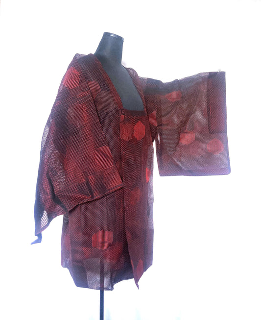 Vintage Japanese kimono coat - summer see-through short michiyuki with black and red pattern